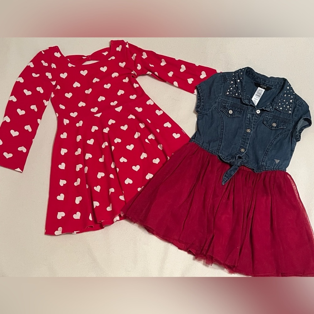 Bundle 5T Dresses Guess Blue Denim Red Tulle. Children’s Place Red white hearts.